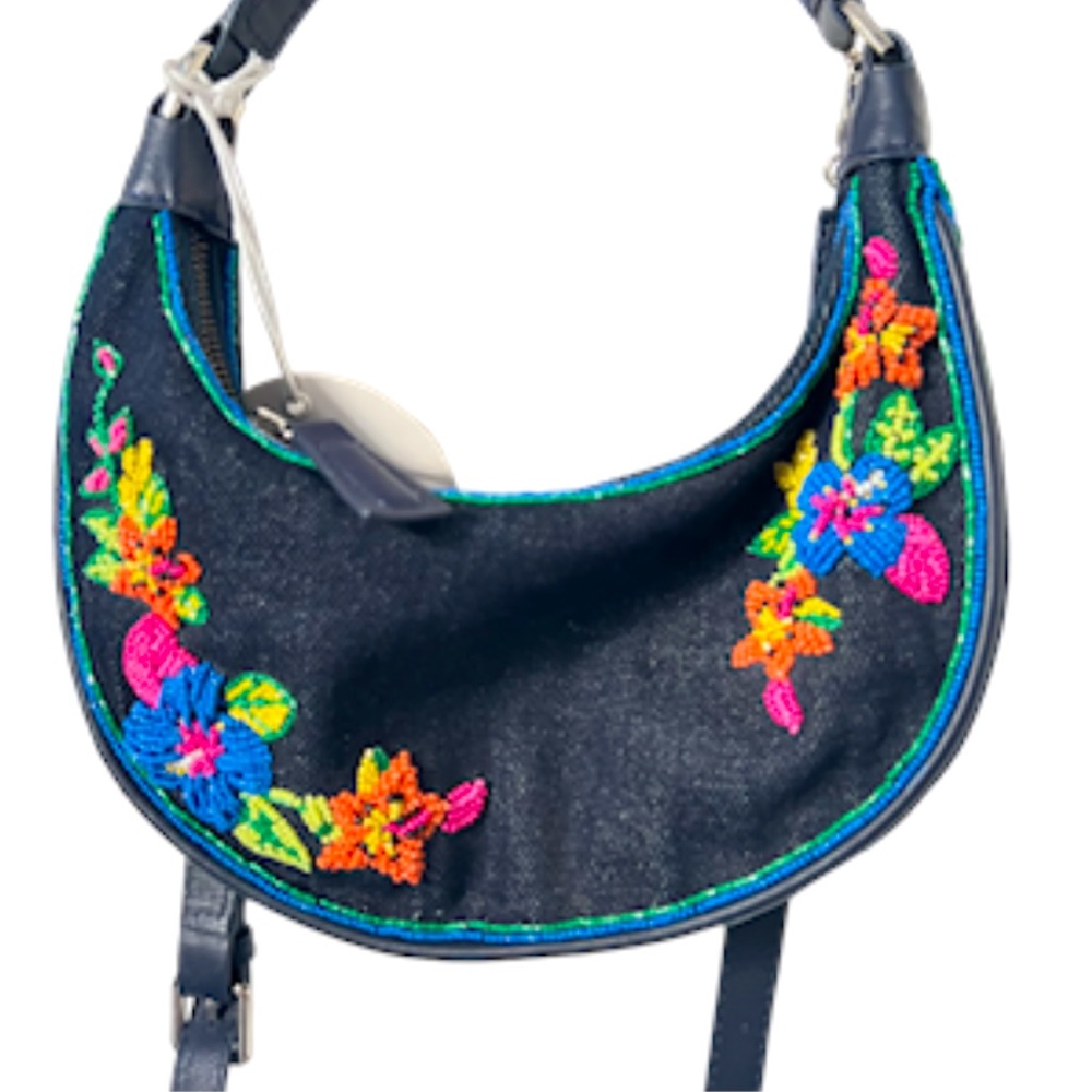 Staud Denim Floral Beaded Shoulder Bag RARE Leather Straps NWT